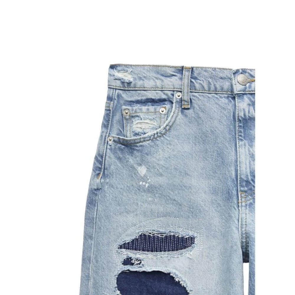 ZARA ZW LOOSE MID-RISE PAINT SPLATTER JEANS LIGHT BLUE SIZE 2| 9863/062